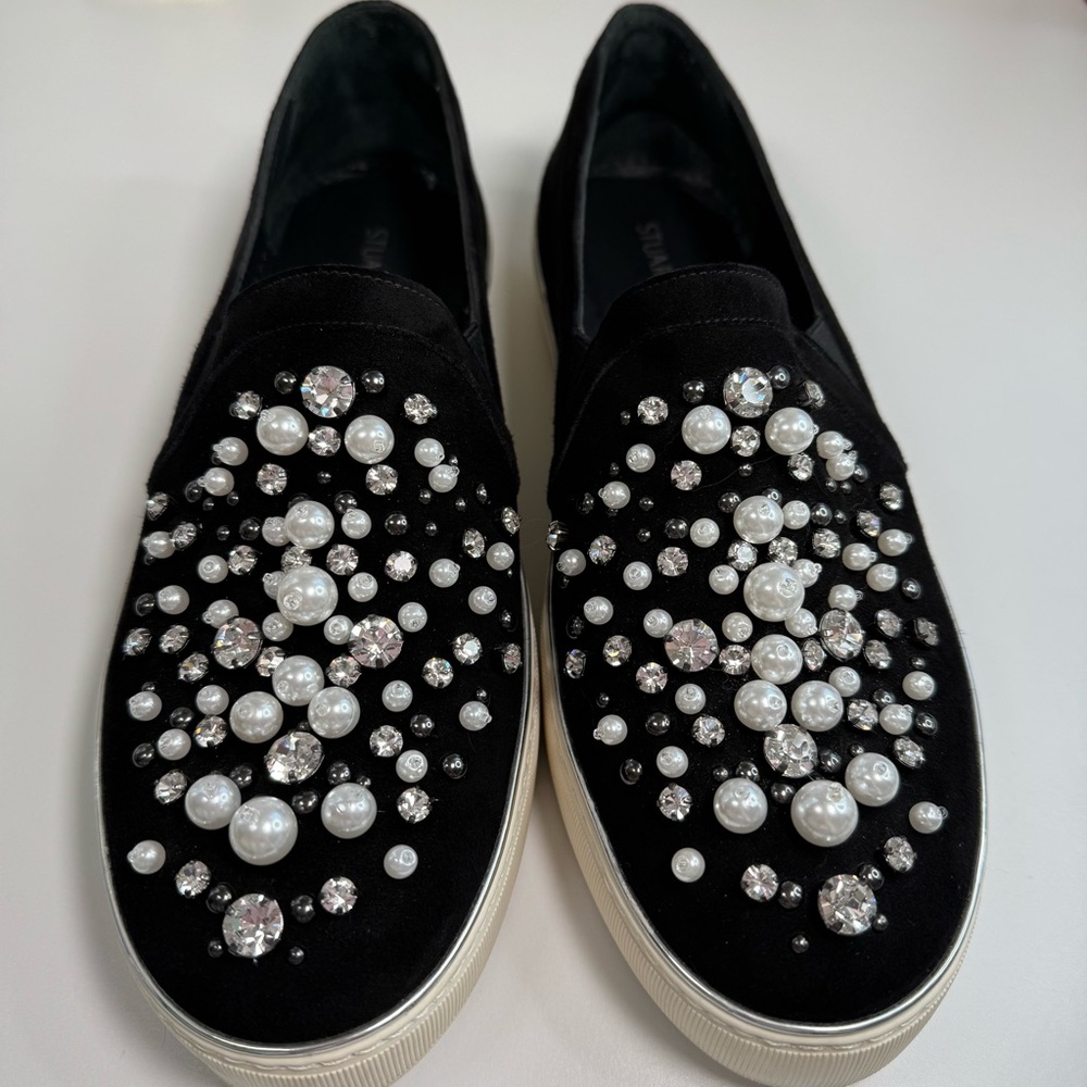 Stuart Weitzman Pearl & Crystal Slip-On Sneakers Black Suede Women’s Size 10